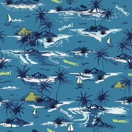 monotone blue ocean  beautiful seamless island pattern on white background. landscape with palm trees,beach and ocean vector hand drawn style on light blue background.