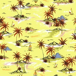 bright summer pastel beautiful seamless island pattern on white background. landscape with palm trees,beach and ocean vector hand drawn style on yellow color background.