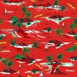 red summer beautiful seamless island pattern on white background. landscape with palm trees,beach and ocean vector hand drawn style on bright background.