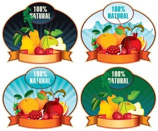 set of four stamps bearing fruit and labeled 100% natural