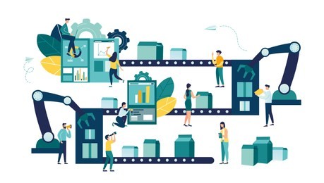 vector illustration, a production line with workers, automation and user interface concept: user connecting with a tablet and sharing data with a cyber-physical system, smart industry 4.0