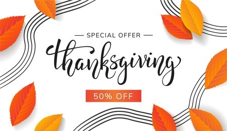 thanksgiving holiday sale. special offer discount. thanksgiving lettering with autumn leaves