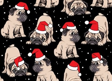 seamless christmas pattern. adorable beige puppies pugs in a santa's red cap at a snow night. textile composition, hand drawn style print. vector illustration.