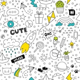 set of cute and colorful doodle hand drawing on white background. vector seamless pattern.