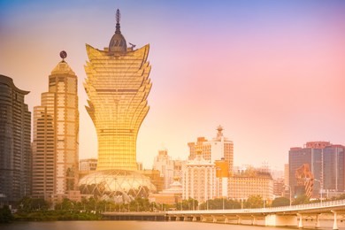macau cityscape skyline at dusk. mocau now is part of china. panorama