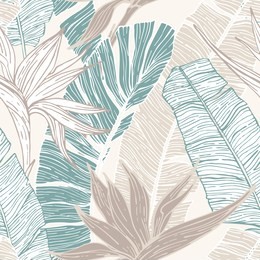 nature seamless pattern. hand drawn abstract tropical summer background : palm tree and banana leaves, bird-in-paradise flower in silhouette, line art. vector art illustration in pastel retro colors