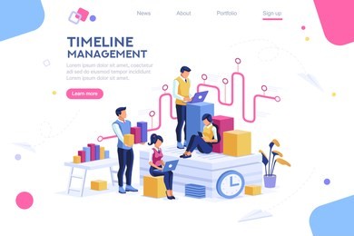 document management, team thinking, brainstorming analytics information about company. clock always at office. around infographic flying presentation history timeline concept. flat isometric character
