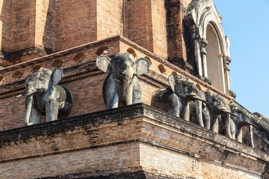 ancient pagoda at wat chedi luang temple in chiang mai, thailand in a summer day