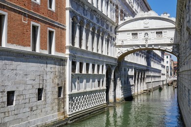 bridge of sighs, wide angle view in a sunny day, blue sky in venice, italy