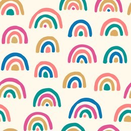 vector seamless pattern with colored rainbows. simple repeated texture with bright design elements. tenmplate for baby textile and wrapping paper. geometric background with hand drawn elements.
