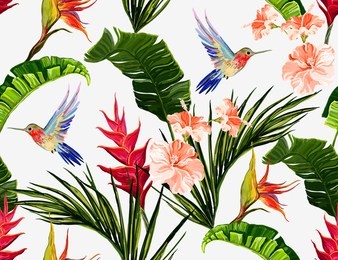 seamless vector floral summer pattern background with tropical palm leaves, hummingbirds, heliconia, bird of paradise, hibiscus. perfect for wallpapers, web page backgrounds, surface textures