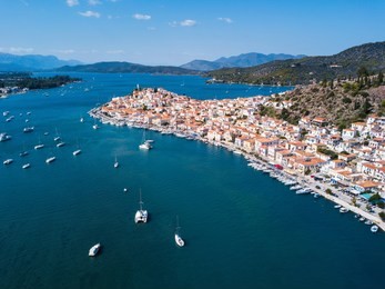 top view of the sea marina in poros island, aegean sea, greece. 
