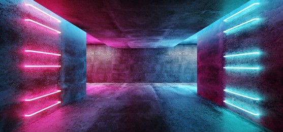 modern futuristic sci fi concept club background grunge concrete empty dark room with neon glowing purple and blue pink neon lights 3d rendering illustration