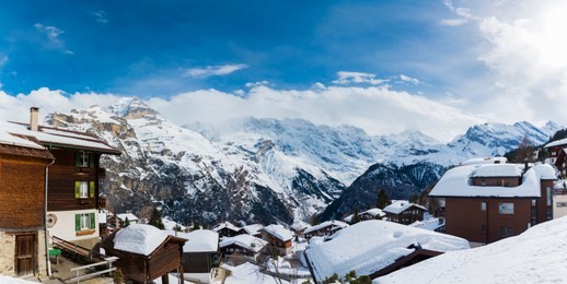 panoramic view of the house covered with snow at murren old village with the snow mountains