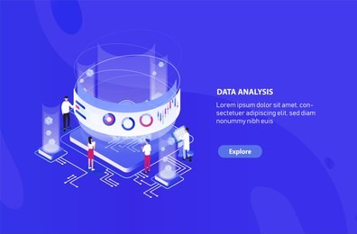 creative web banner template with tiny people standing around giant integral circuit, charts, diagrams and graphs on virtual screen. big data analysis, statistical analytics. vector illustration.