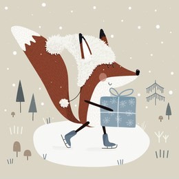 winter vector illustration of cute fox wearing fluffy hat with a gift, racing skates in the forest with christmas tree. graphic drawing animal poster for kids room. wallpaper, postcard, greeting card