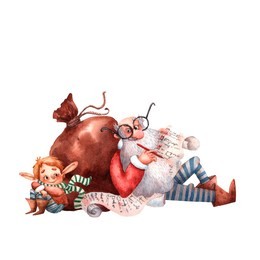 watercolor christmas elves and santa card