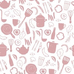vector seamless pattern with cutlery and kitchenware elements - pan, pot, fork, knife, vegetables, spice, sausage, egg beater, cup etc. good for banners, menu cover, packaging. hand drawn sketch style