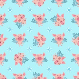 pattern with flying pigs and snowflakes on blue background. christmas pattern for textiles, fabrics, background, new year holiday, wrapping paper, postcards.

