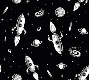 hand drawn space elements seamless pattern. space background. space doodle illustration. vector illustration. seamless pattern with cartoon space rockets, planets, stars.