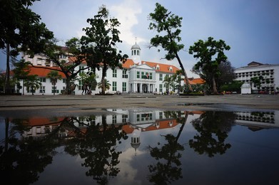 (reflection) view of the jakarta history museum of batavia is located in the old city of jakarta, indonesia.