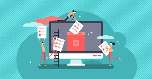 online voting mini people concept flat vector illustration with computer screen,voting box and voters making decisions.modern electronic voting system for election,government rules and public projects