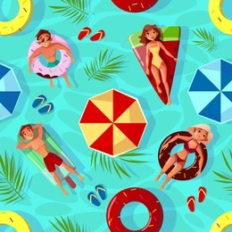 summer pool illustration of seamless pattern background with people on swim rings in fruits shape. happy boys and girls in swimwear and sunglasses on holiday vacations or tropical beach party