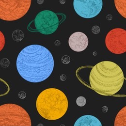 seamless pattern with planets and other celestial bodies in outer space. backdrop with cosmic objects hand drawn in dotwork style. colorful vector illustration for wrapping paper, textile print.