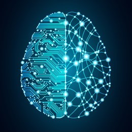 big data and artificial intelligence concept. machine learning and cyber mind domination concept in form of human brain outline outline with circuit board and binary data flow on blue background.