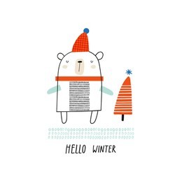 hello winter. creative hand drawn card for winter holidays with cute bear. vector cartoon illustration. hand drawn typography poster. xmas design. bright colors
