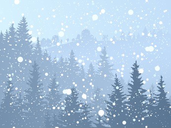 vector illustration of wild coniferous forest with snowfall in blue tone.