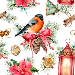watercolor christmas pattern with holiday symbols. hand painted bullfinch, lantern with candle, poinsettia, holly, mistletoe, pine cones, cookies, cinnamon, fir branch isolated on white background