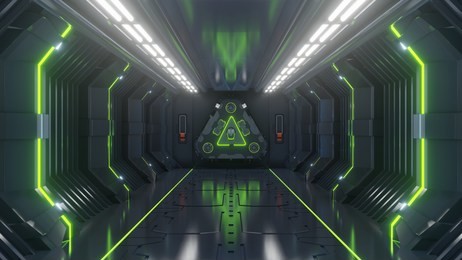 empty dark futuristic sci fi room, spaceship corridors green light,3d rendering