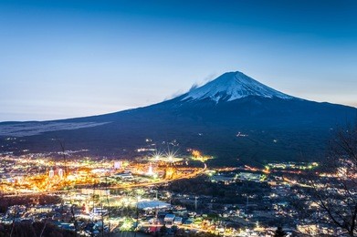 mt fuji and fuji yoshida city at twilight,