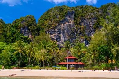 red roof bungalow house on railay beach west, ao nang, krabi, thailand