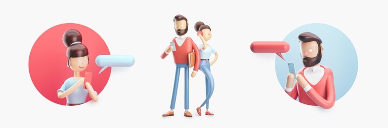 set of 3d illustration. cartoon character is sending a message from his phone. 