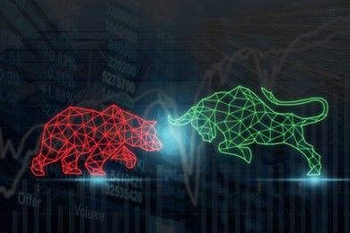 polygonal bull and bear shape writing by lines and dots over the stock market chart with information over the modern business building glass of skyscrapers, trading and finance investment concept