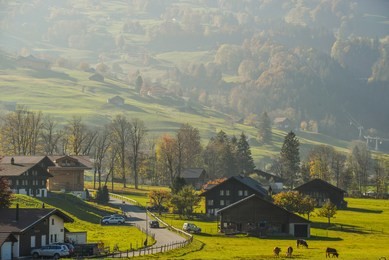 mountain town in grindelwald, switzerland. grindelwald was one of the first tourist resorts in europe.
