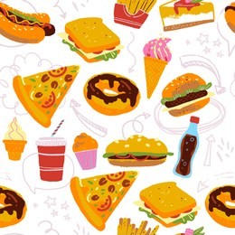 vector seamless pattern with tasty fast food illustration - donut, pizza, burger, hot dog, coffee to go - isolated on white background. hand drawn sketch style. good for banners, menu cover, packaging