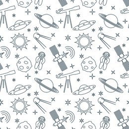 seamless pattern with telescope, ufo, satellite, planets, astronaut, orbital station, sun, stars. space exploration. astronomy. science.