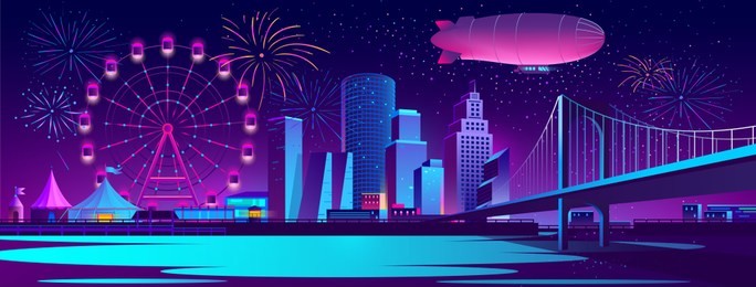 vector urban concept background with night city illuminated with neon glowing lights. festive cityscape with modern buildings, skyscrapers, amusement park with ferris wheel and firework on river bank