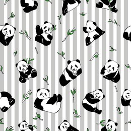 seamless vector pattern with cute pandas and a fern on a gray striped background.