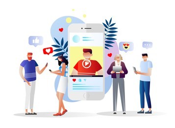 vector illustration. character design. blog content, blogging, post, content strategy, social media, chatting. social media marketing. people watching video, news, tutorial. modern design concept. 