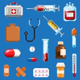 a set of pixel objects associated with medicine. isolated on a blue background. for games and mobile applications.