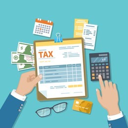 man calculates tax. payment of tax, accounts, bills concept. calculator, calendar, tax form for the clipboard, checks, money, invoices, credit card, glasses. payday icon. raster illustration