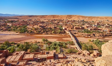aerial view on kasbah ait ben haddou and desert near atlas mountains near kasbah ait ben haddou, morocco