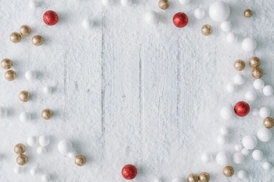 christmas background composition with snow and decoration.new year flat lay. top view.