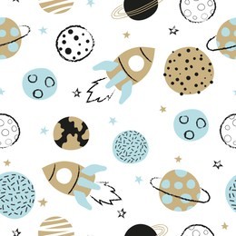 seamless vector childish space pattern with hand drawn planets and rockets.
