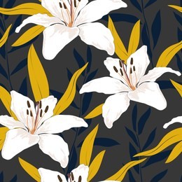 blossom floral seamless pattern. lily flowers with branches and leaves scattered random. trendy abstract vector texture. good for fashion prints, fabric, design. hand drawn flowers on grey background