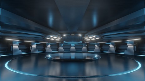 empty light blue studio room futuristic sci fi big hall room with lights blue, future background for design,3d rendering